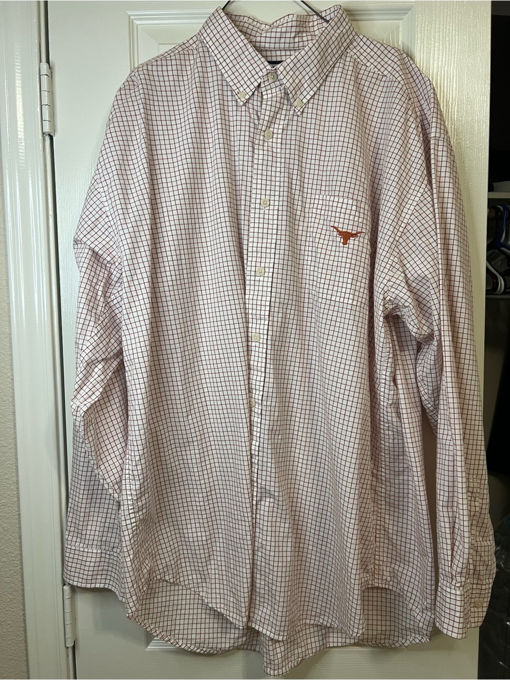 Men's White and Burnt Orange Check Button-Down Shirt with Embroidered Longhorn